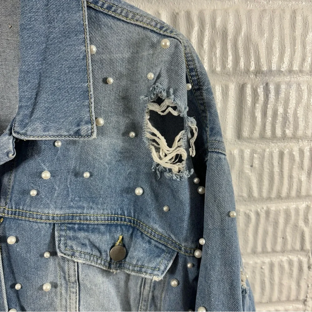 Free People Light Blue Pearl-Embellished Distressed Denim Jacket - Picture 7 of 8